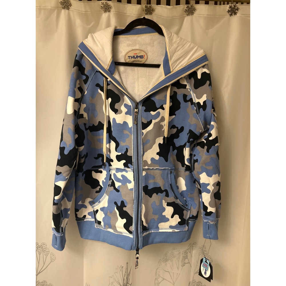 THUMB UNITED camo  Zip Up Hoodie Women Blue Gray Black White Casual Comfort Sz2x - Picture 1 of 12